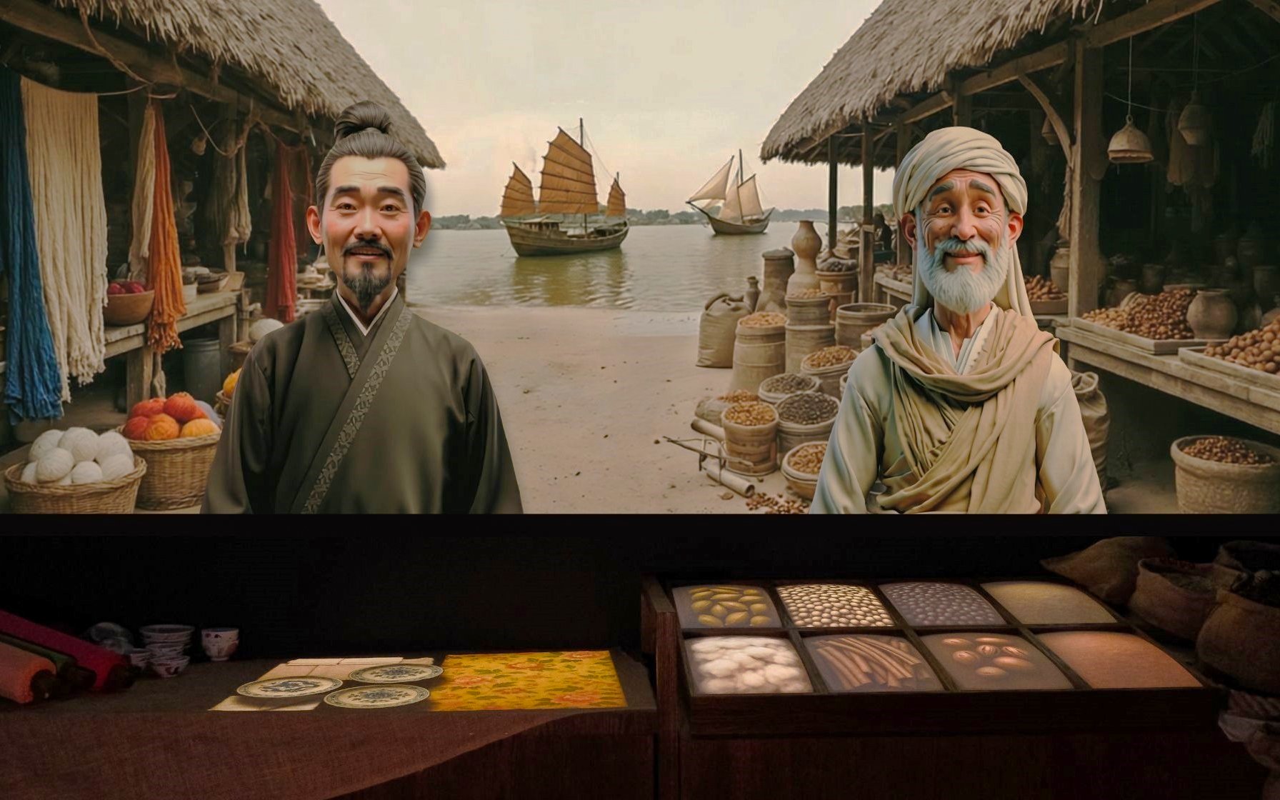 Market scene with traders and traditional boats near the Singapore Flyer.