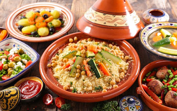 Moroccan couscous with vegetables and chickpeas on a Tangier day trip from Málaga.