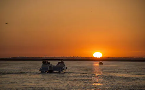 Boat cruising during sunset in Ria Formosa, Portugal.
