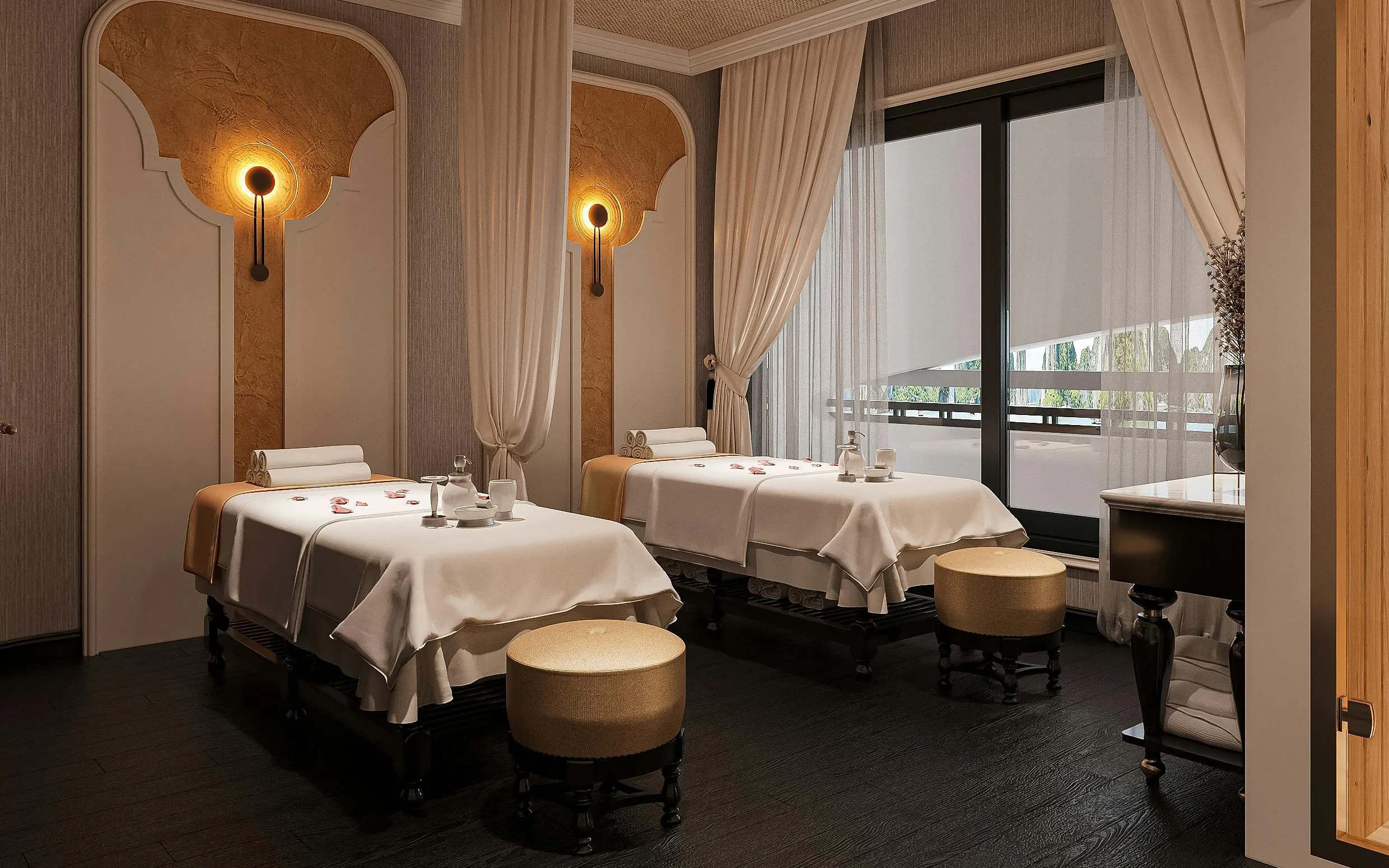 Luxury spa room with two massage tables on La Casta Star Cruise, Lan Ha Bay.