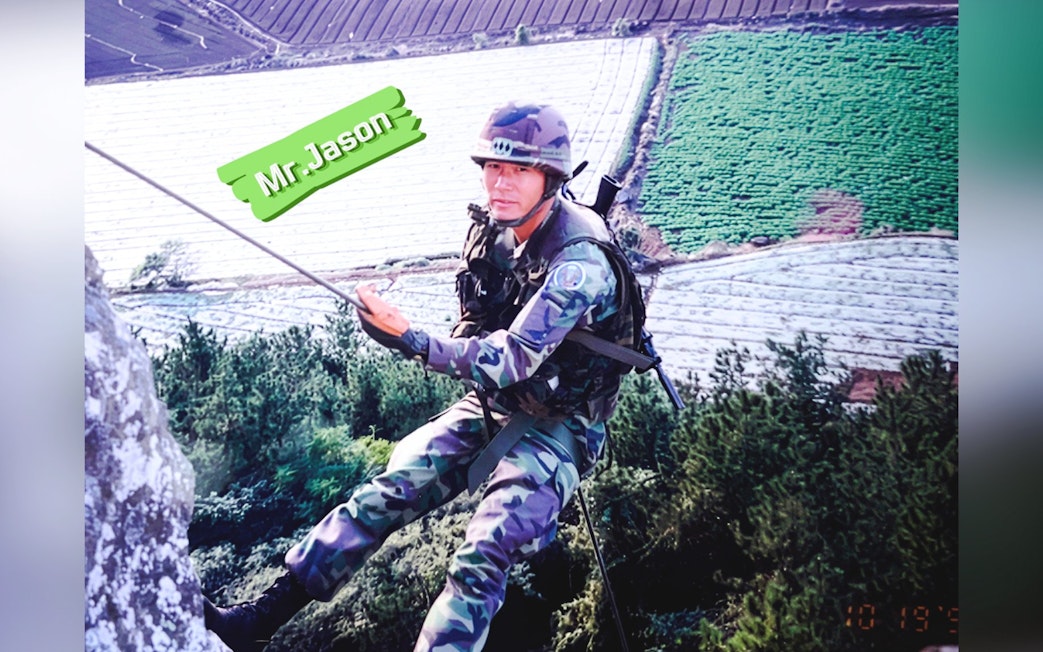 Rappelling soldier in camouflage gear during Mr Jason DMZ Tour.