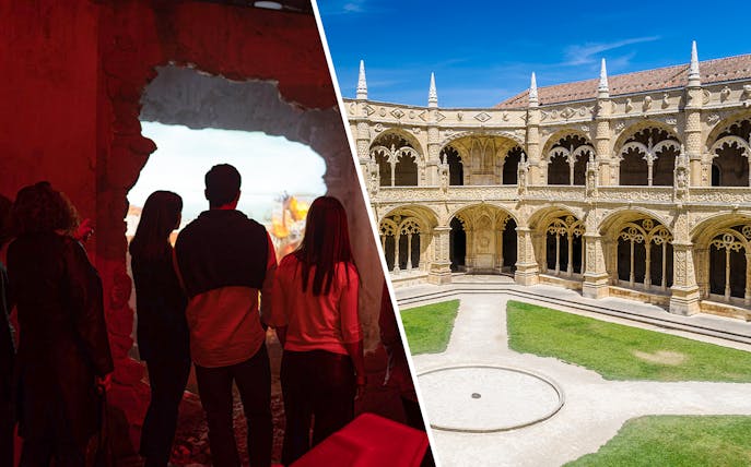 Visitors at QUAKE Lisbon Earthquake Museum and courtyard of Jerónimos Monastery.