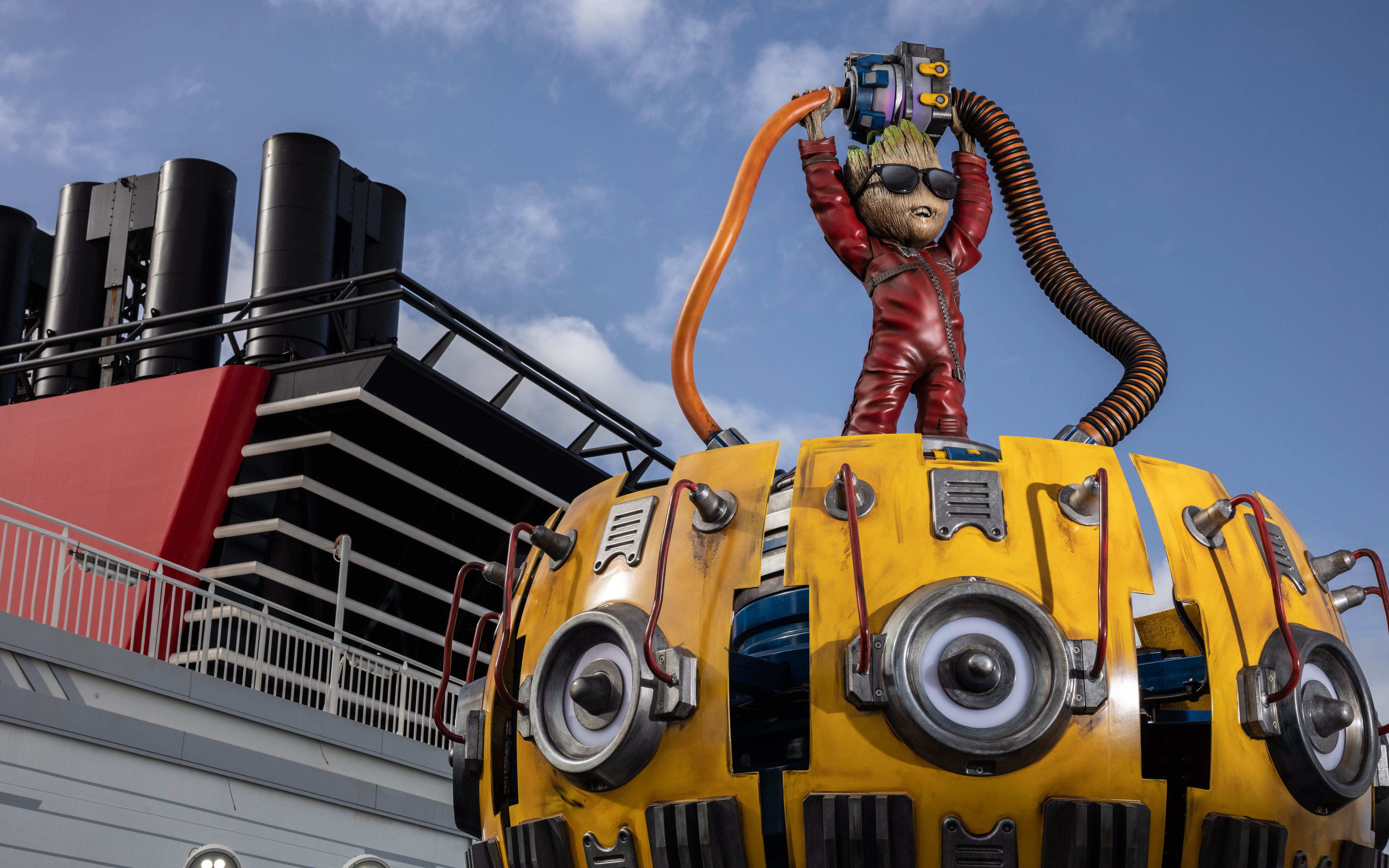 Groot statue on Disney Cruise Line deck at Marvel Landing.