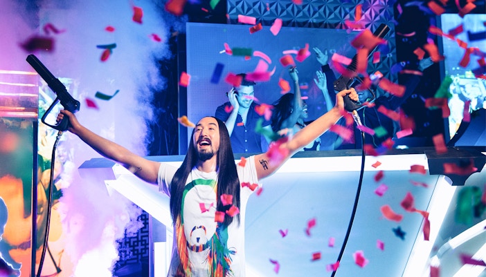Steve Aoki statue with confetti at Madame Tussauds Las Vegas.