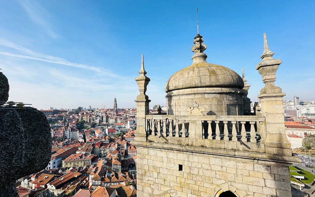 View from Porto Cathedral overlooking Porto, Portugal, with cityscape and historic architecture.