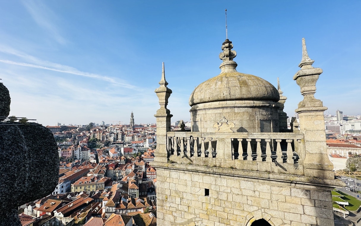 View from Porto Cathedral overlooking Porto, Portugal, with cityscape and historic architecture.