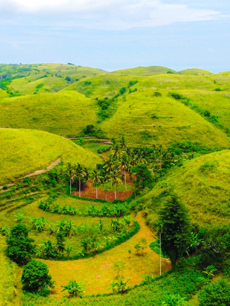Scenic view of lush green hills on Nusa Penida Island during a private tour.