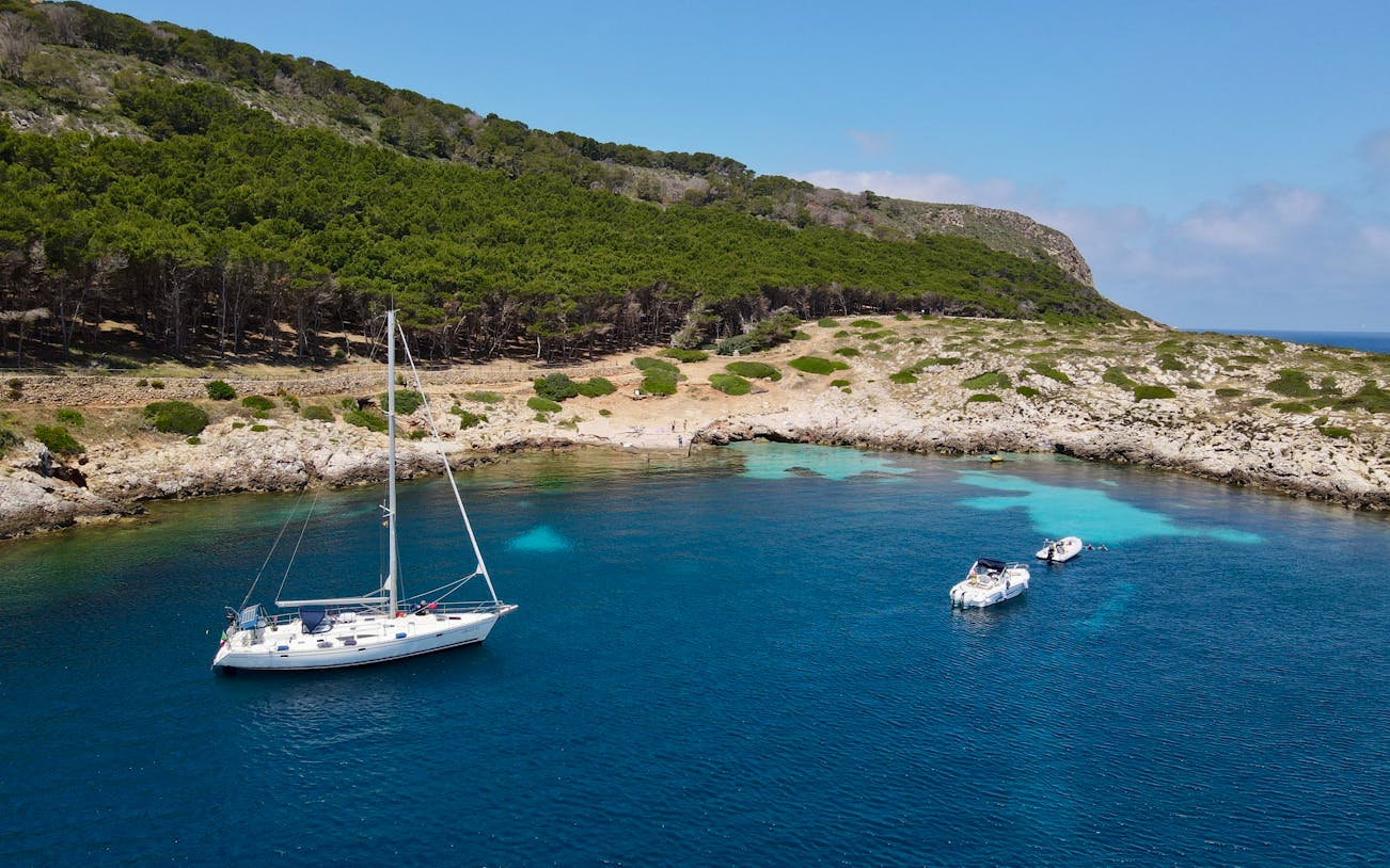 Sailboats anchored near the rocky coast of Favignana, Italy, with lush greenery in the background.