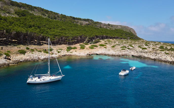 Sailboats anchored near the rocky coast of Favignana, Italy, with lush greenery in the background.