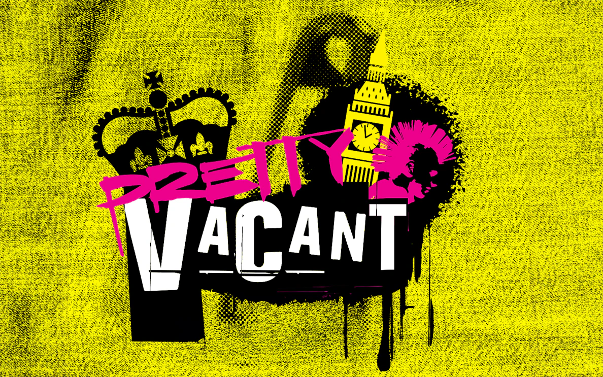 Pretty Vacant" text with Big Ben and punk imagery on a yellow background.
