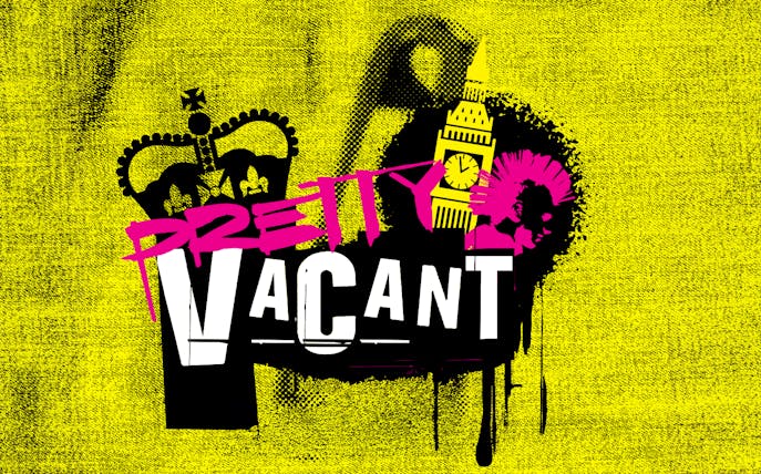 Pretty Vacant" text with Big Ben and punk imagery on a yellow background.