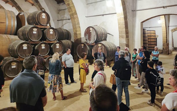 Group touring a wine cellar with large barrels in Erice, Sicily.