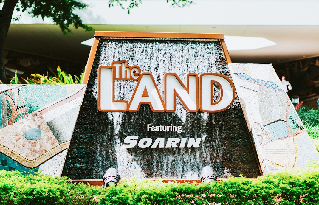 The Land pavilion sign featuring Soarin' at EPCOT, Bay Lake, Florida.