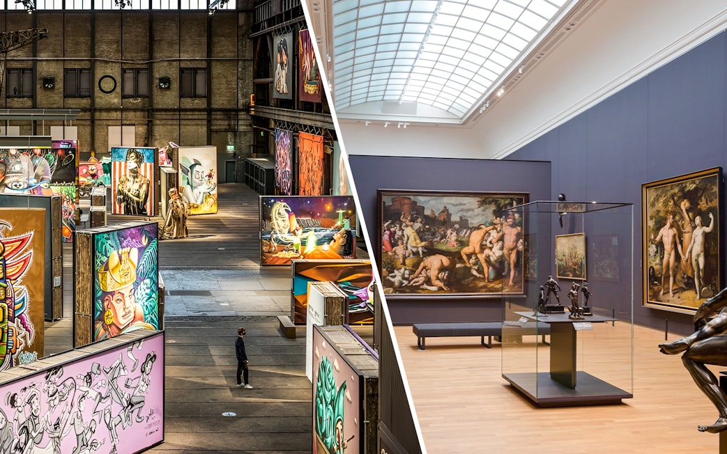 Street art and classical paintings at Straat Museum, Amsterdam.