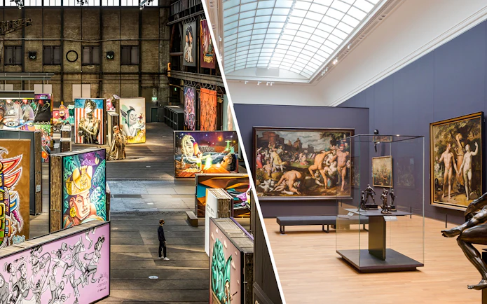Street art and classical paintings at Straat Museum, Amsterdam.