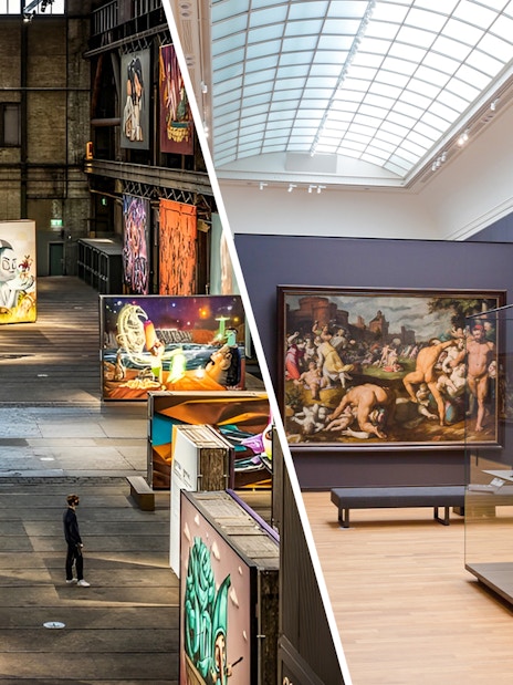 Street art and classical paintings at Straat Museum, Amsterdam.
