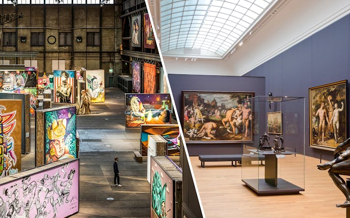 Street art and classical paintings at Straat Museum, Amsterdam.