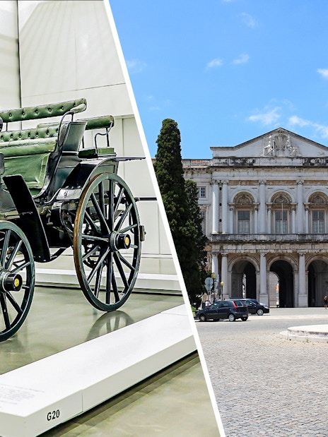 Historic carriage at National Coach Museum and facade of National Palace of Ajuda, Lisbon.