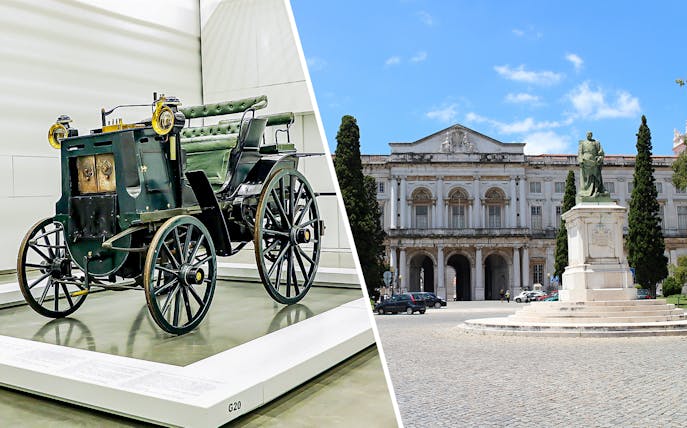 Historic carriage at National Coach Museum and facade of National Palace of Ajuda, Lisbon.