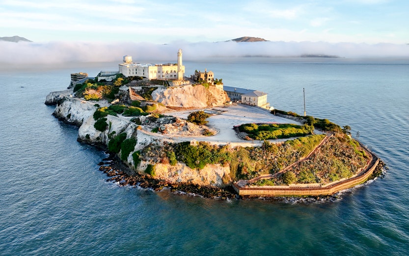 Alcatraz Island with historic prison buildings in San Francisco Bay, California, United States.