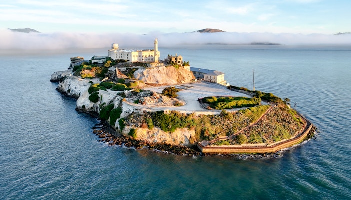 Alcatraz Island with historic prison buildings in San Francisco Bay, California, United States.