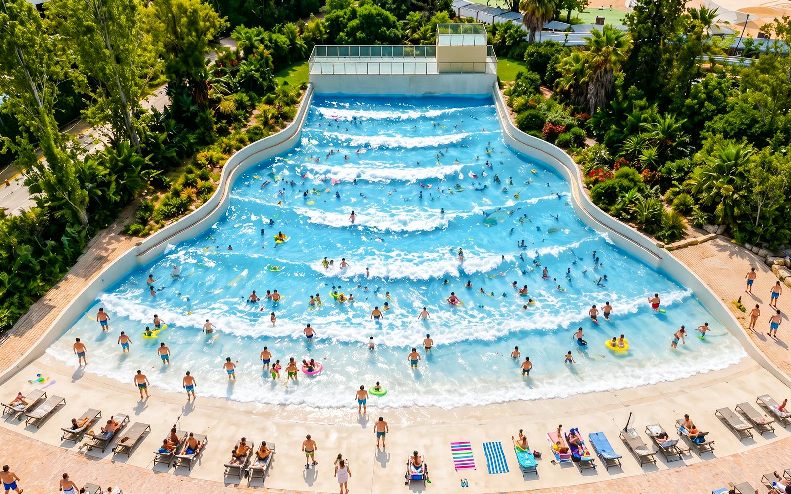 Visitors enjoying the wave pool at Aquasplash Antibes, surrounded by lush greenery.