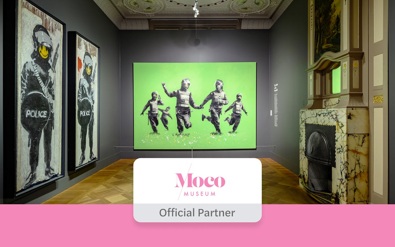 Banksy artwork at Moco Museum Amsterdam exhibit.