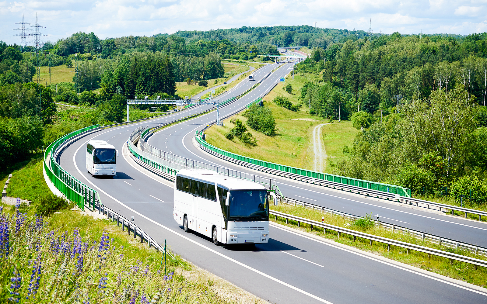 Bus traveling on highway through lush countryside towards Chenonceau Castle.