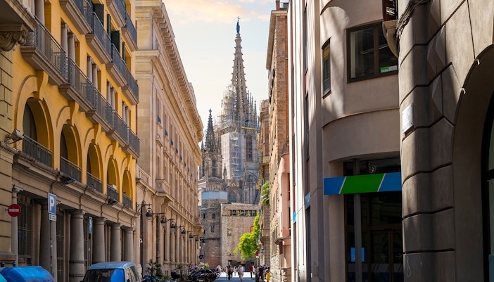 Tour guide leading a group through the historic 'El Born' district in Barcelona, with a visit to the Picasso Museum, included in the Guided Walking Tour package