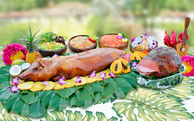 Waikiki Luau buffet with roast pig, tropical fruits, and salads at Rock-A-Hula Show.