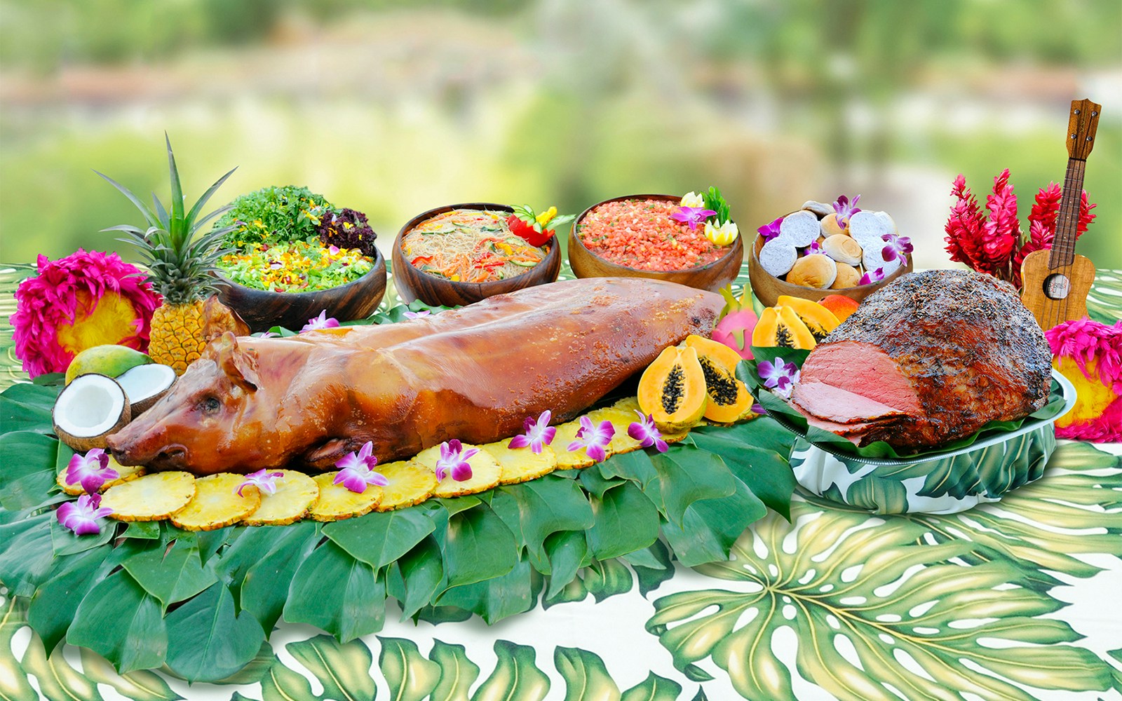 Waikiki Luau buffet with roast pig, tropical fruits, and salads at Rock-A-Hula Show.