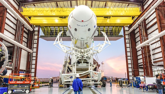 SpaceX Crew Dragon Demo-1 spacecraft launching from Kennedy Space Center, Florida.