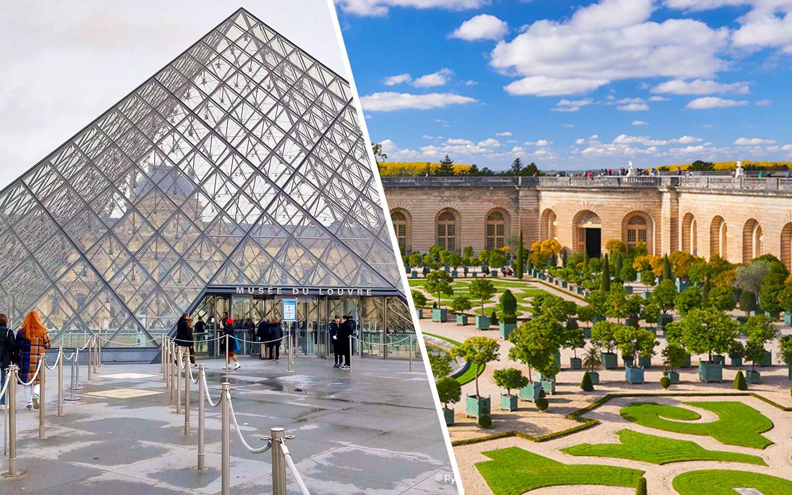 Louvre Pyramid entrance and Versailles gardens in Paris combo tour.