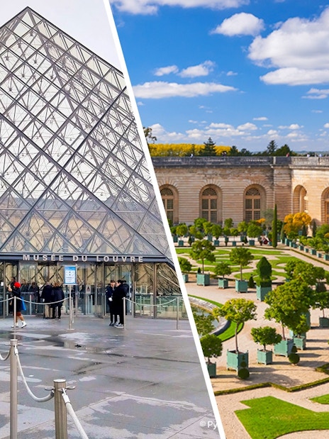 Louvre Pyramid entrance and Versailles gardens in Paris combo tour.