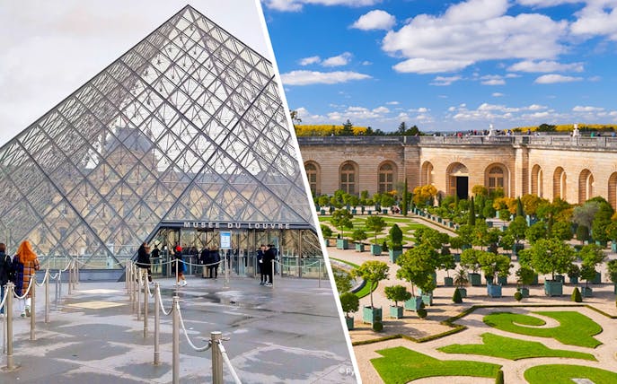 Louvre Pyramid entrance and Versailles gardens in Paris combo tour.