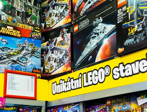 LEGO sets display at LEGO Museum Prague featuring Star Wars and Super Heroes themes.
