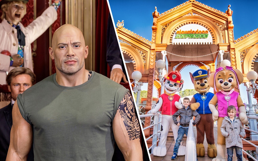 Wax figures at a museum and children with cartoon characters at an amusement park.