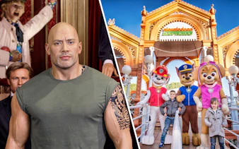 Wax figures at a museum and children with cartoon characters at an amusement park.