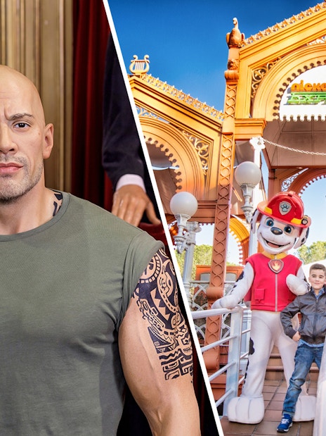 Wax figures at a museum and children with cartoon characters at an amusement park.