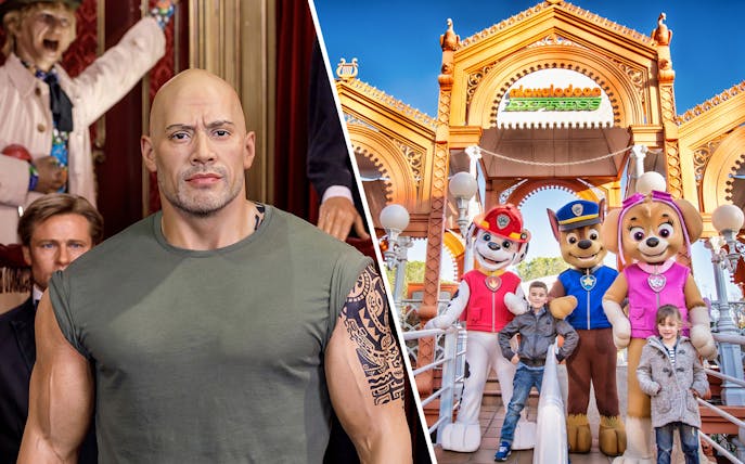 Wax figures at a museum and children with cartoon characters at an amusement park.