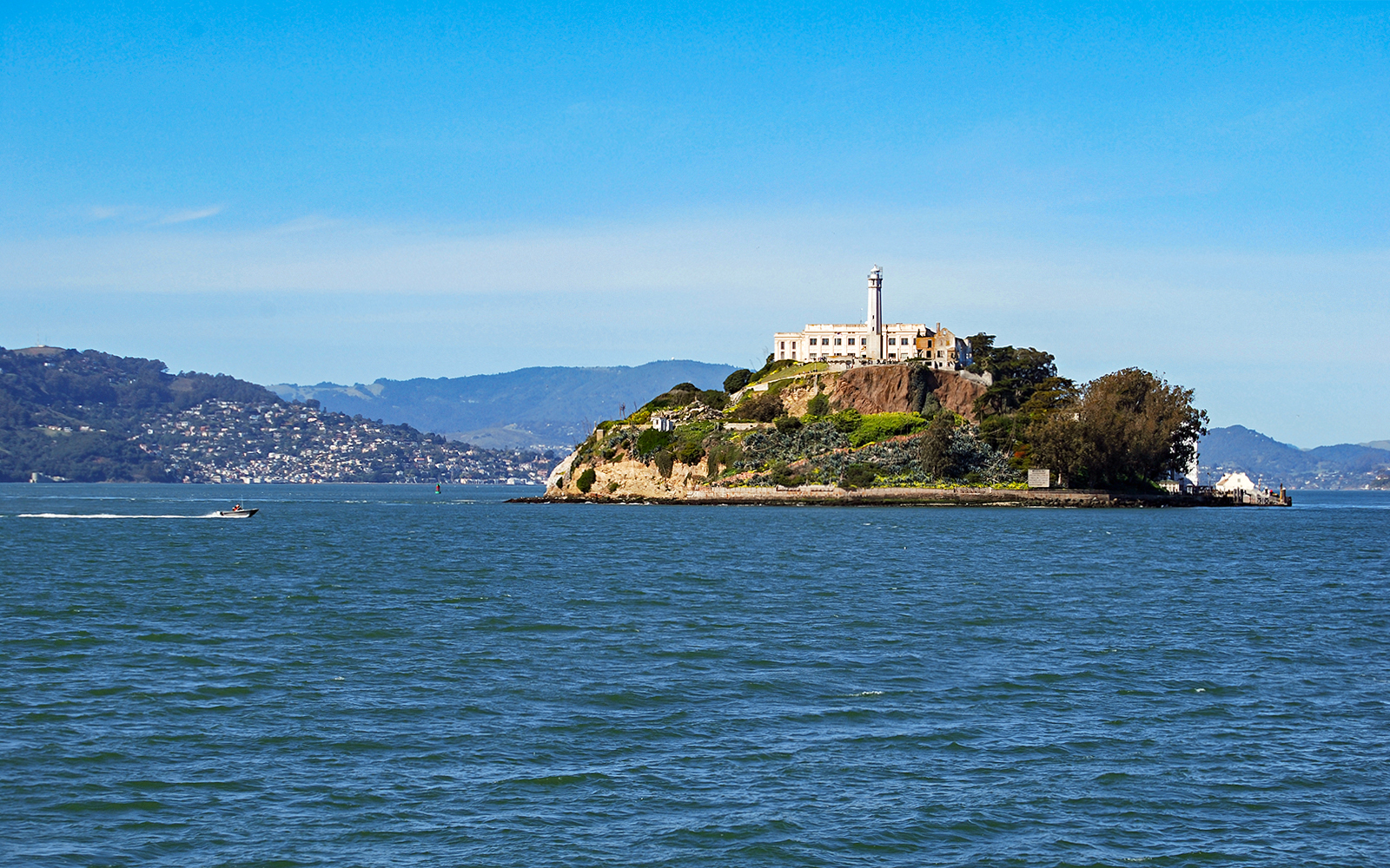 Alcatraz Island with historic prison building in San Francisco Bay.