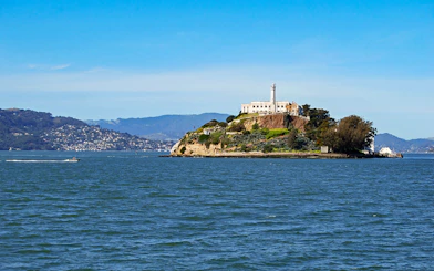 Alcatraz Island with historic prison building in San Francisco Bay.