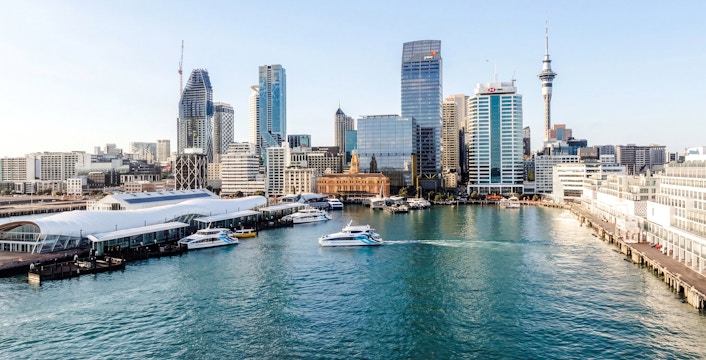 Auckland Harbour with boats and city skyline during a scenic sightseeing cruise.