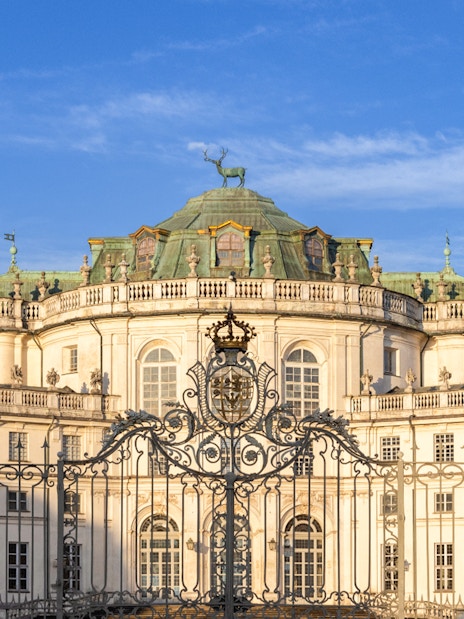 Hunting Lodge of Stupinigi in Turin, Italy, with ornate gate and blue sky.