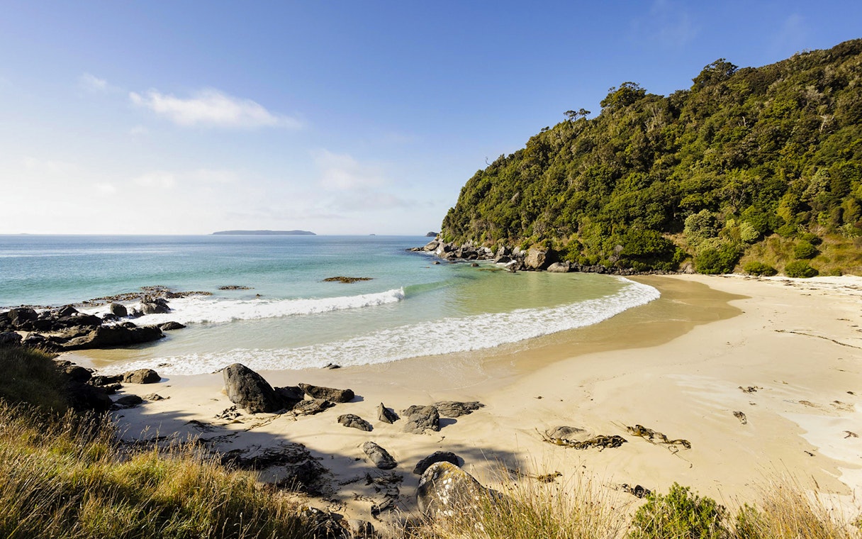 Stewart Island beach with clear water and rocky shoreline on Village & Bays Tour.