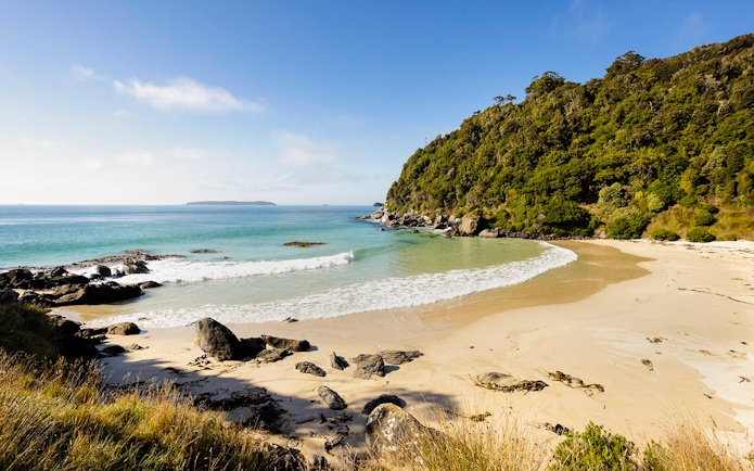 Stewart Island beach with clear water and rocky shoreline on Village & Bays Tour.