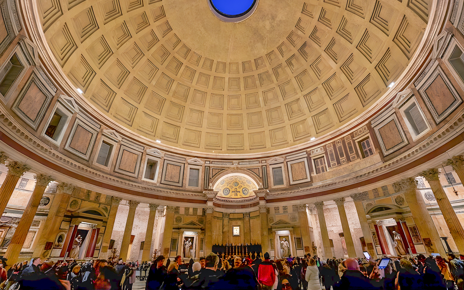 Interior view of the Pantheon dome with oculus, Rome, showcasing ancient Roman architecture.