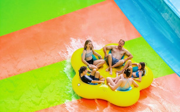 Group enjoying a raft ride at Aquatica Orlando water park.