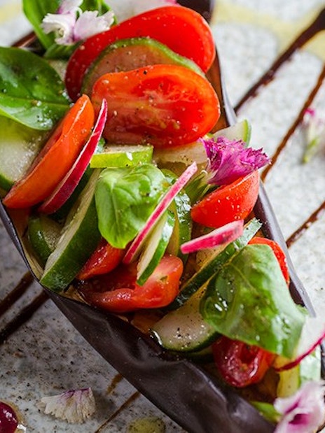 Gourmet salad of tomatoes, cucumbers, radishes, basil in eggplant shell at Aljibe Tango Show.