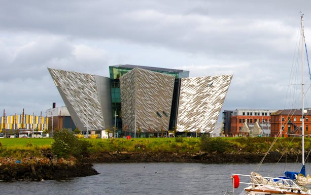Titanic Museum Belfast with its iconic angular architecture by the waterfront.